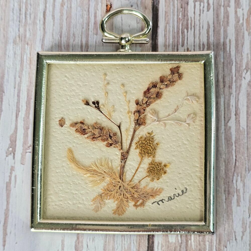 Vintage Mini Dried Flower Art Gold Tone Bow Frame Botanical